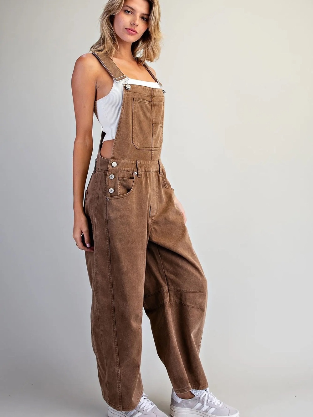 Washed Brown Eesome Barrel Horseshoe Jumpsuit Overalls - Picture 8 of 9